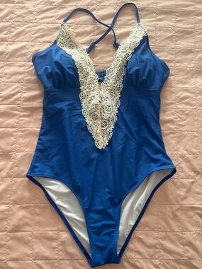 Cupshe Blue Vintage Lace One-Piece Swimsuit